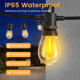 Outdoor string lights with IP65 waterproof feature, showing durability in rain.